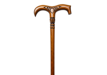 Elegant Carved Wooden Walking Cane Detailed Closeup of Ornate Handle and Polished Shaft isolated on transparent background