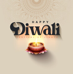 Happy Diwali festival with oil lamp, Rangoli decoration with Diya, Diwali holiday Background with rangoli, Diwali celebration greeting card,vector.