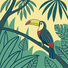 Vibrant toucan perched on a branch amidst lush tropical jungle foliage