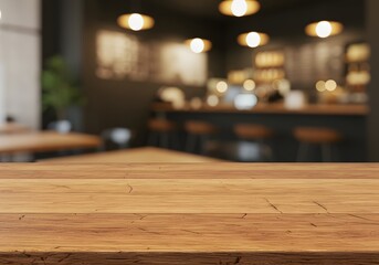 Wooden table top in front of a blurred cafe interior with warm lighting and seating areas.