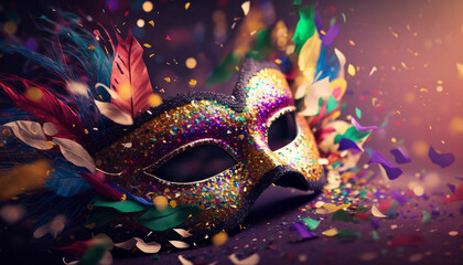 Traditional carnival mask with feathers and confetti. Mardi gras celebration. Generative ai