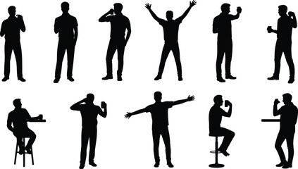 Silhouette of men drinking, holding cups and glasses, standing and sitting poses, beverage icons, bar scene vector illustration, black figures.