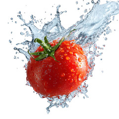 Fresh red tomato drop with water splash isolated on white background