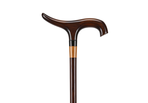 Elegant Wooden Walking Cane with Carved Handle Dark Brown Walking Stick Senior Support Disability Aid Mobility Assistance Tool isolated on transparent background