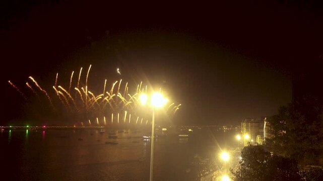 Drone Shot Of Fireworks Show at Ghats Of Varanasi, Uttar Pradesh. Dev Deepawali ( Diwali of Gods)