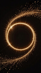 A glowing golden  circle frame  against a black background.  Space for text. 