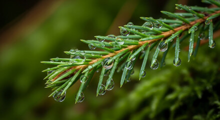 Close Up of Green Spruce Branch Adorned with Water Droplets on Blurred Green Background Under Natural Light