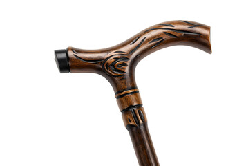Elegant Carved Wooden Walking Cane with Rubber Tip isolated on transparent background