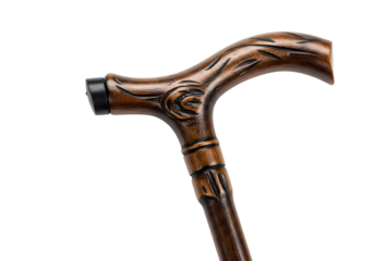 Elegant Carved Wooden Walking Cane with Rubber Tip isolated on transparent background