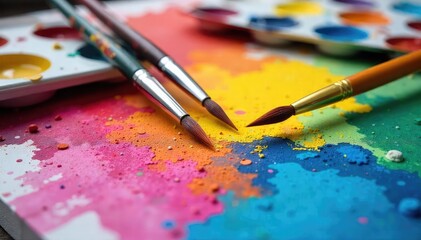 Obraz premium Two paintbrushes rest on a canvas, surrounded by vibrant tubes of paint and a spilled palette, capturing the essence of artistic conversation , masterpiece, vibrant