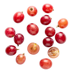 A collection of vibrant red seedless grapes, including one cut in half, isolated on Transparent Background