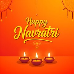 'Happy Navratri' text in glowing fdecorative background 