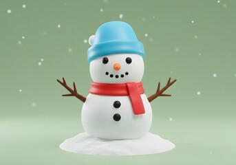Fototapeta premium A charming 3D rendered snowman wearing a blue hat and red scarf, with a carrot nose and twig arms.