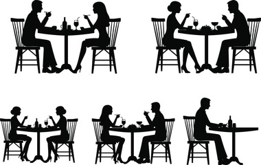 Couples dining silhouettes, romantic table scene, black and white illustration, social interaction art, restaurant setting, love conversation, elegant dinner moment