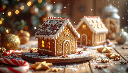 Gingerbread house with warm lights and festive treats
