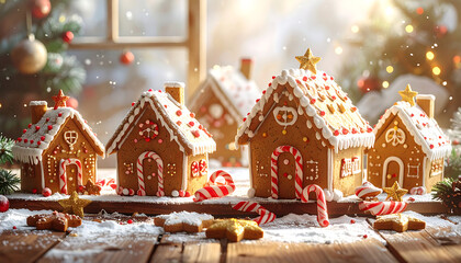 Gingerbread house Christmas dessert scene with warm glow