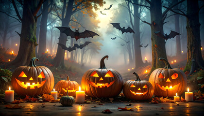 Jack o lanterns glowing in misty forest with flying bats