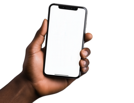 A darkskinned hand holds a modern smartphone with a blank white screen, isolated on transparent background, offering a clear display for showcasing apps or content
