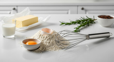 Baking Still Life with Flour Egg Milk Butter and Whisk on White Countertop