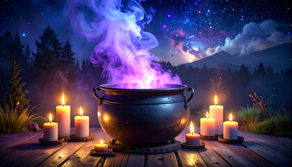 Mystical witch cauldron bubbling purple mist under starry night