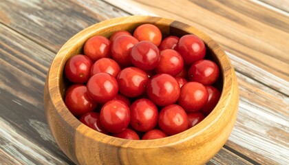 Red plums in a wooden bowl