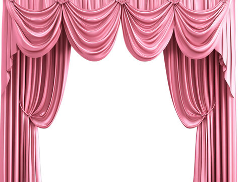 Elegant pink draped stage curtains with swags and tails