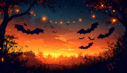 Halloween sunset landscape with bats and glowing lights