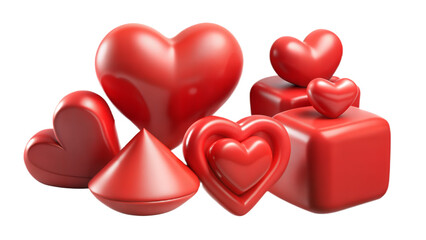 A monochromatic collection of shiny red hearts and gift boxes for valentine's day romance