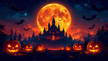 Jack o lantern moon castle night Halloween spooky