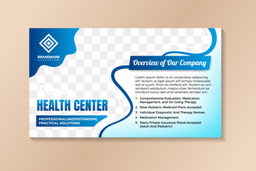Medical health center template design on horizontal layout. multicolored blue gradient on element and background. vector illustration on liquid concept with photo space