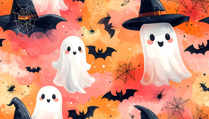 Cute ghost and bat seamless Halloween pattern, pastel tone
