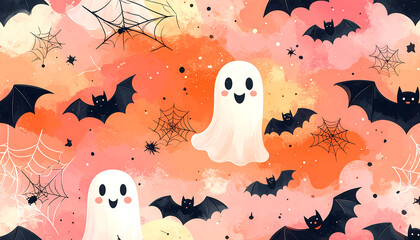 Cute ghost bat Halloween seamless pattern in pastel orange pink