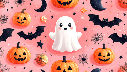 Cute ghost with pumpkin and bat seamless Halloween pattern