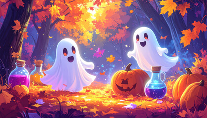 Cute ghost sticker autumn forest with pumpkin jack o lantern
