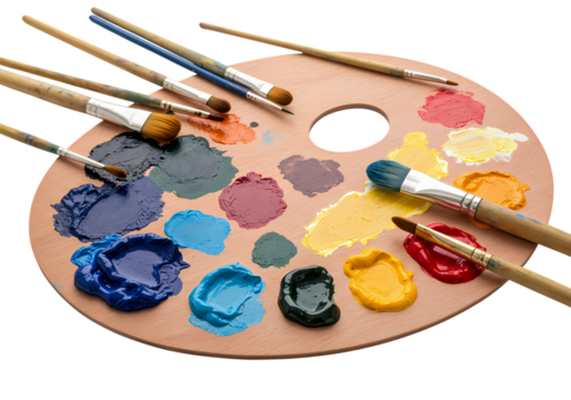 Artists Palette with Paint and Brushes Vibrant Colors and Creative Tools isolated on transparent background