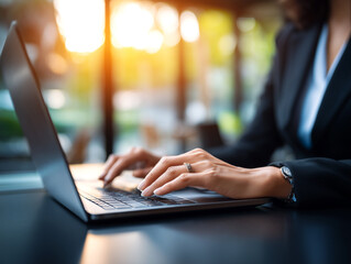 Professional female working on laptop, concentrating in sunlit contemporary workspace with sleek design and natural lighting