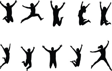 Silhouette of People Jumping in Air, Joyful Jumping Poses, Happy Celebration, Excited Motion, Active Lifestyle, Freedom Concept, Youth Energy, Black Silhouettes on White Background