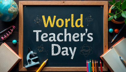 World Teacher's Day text on blackboard, surrounded by school stationery, chalk, and books.