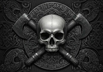 A grayscale skull, crossed by two axes, is set amidst intricate, detailed carvings and patterns.