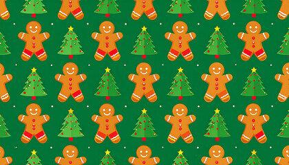 Gingerbread cookie and Christmas tree pattern, festive cheerful