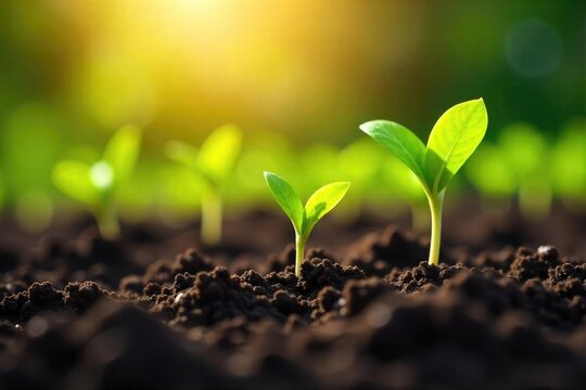 Fototapeta A vibrant close-up of freshly planted seedlings emerging from rich soil, sunlight illuminating new growth Perfect for gardening, spring, and nature themes , flower garden, healthy