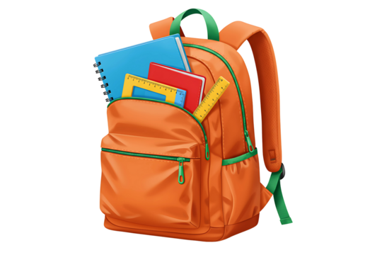 Orange school backpack filled with books and supplies illustration isolated on transparent cutout background, cut out, png