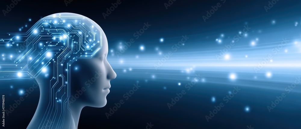 Poster a digital representation of a human head with circuit patterns, symbolizing the fusion of technology