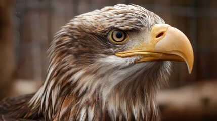 Naklejka premium Majestic Eagle Portrait: A close-up shot captures the regal beauty of an eagle, its piercing eyes, curved beak, and detailed feathers. A symbol of strength and freedom.