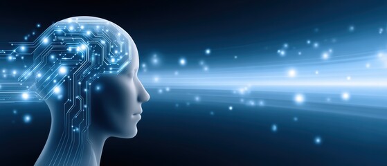 Obraz premium A digital representation of a human head with circuit patterns, symbolizing the fusion of technology and human cognition.