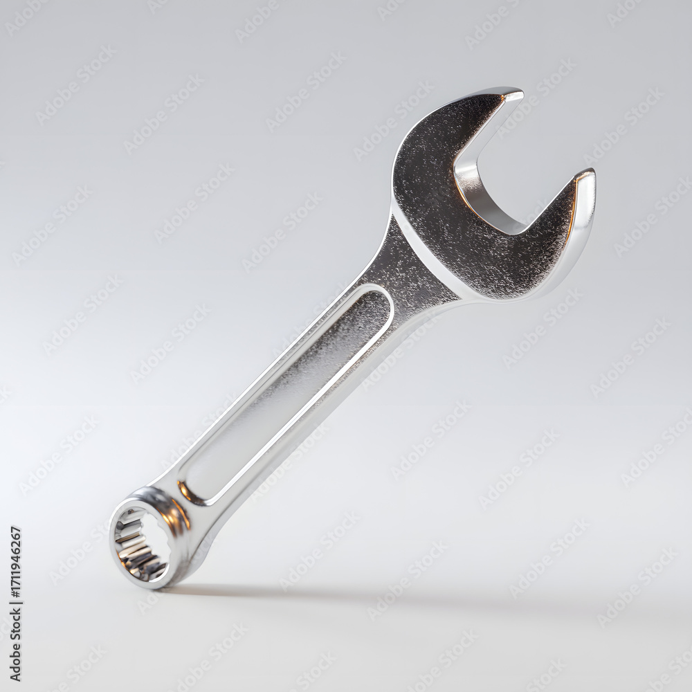 Poster 3d wrench, metallic object floating above white surface, minimal render