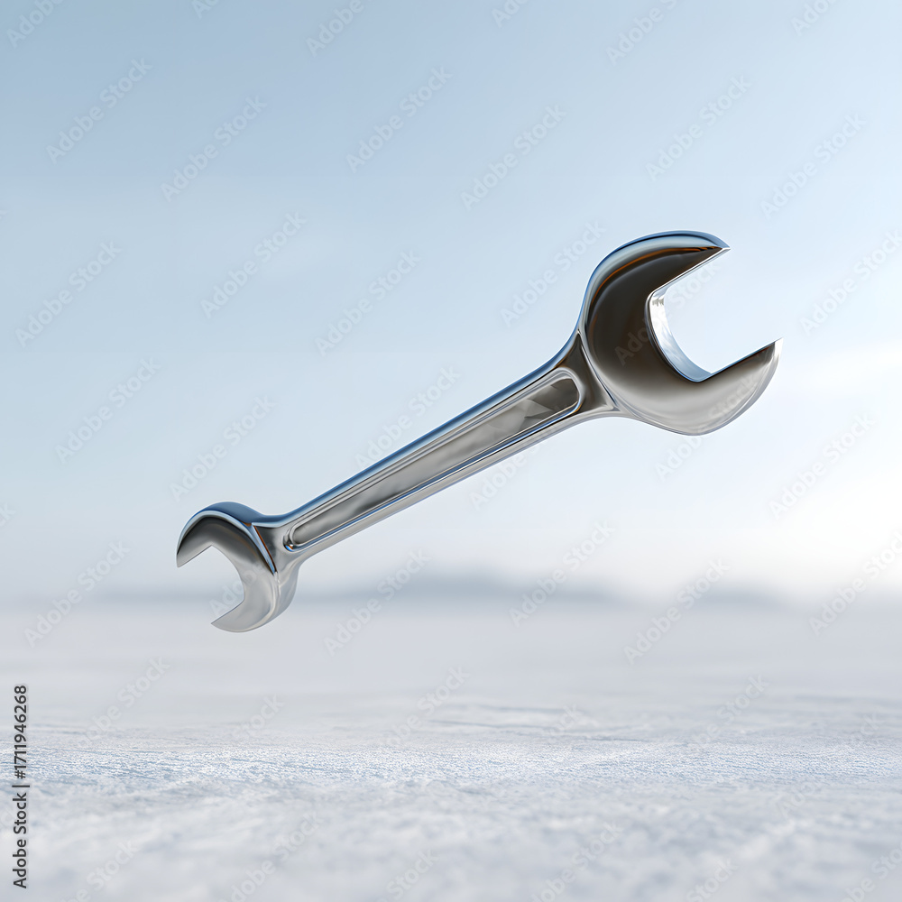 Poster 3d wrench, metallic object floating above white surface, minimal render