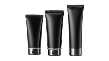 Three cosmetic black tubes beauty product skincare packaging container grooming object isolated on white background