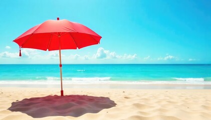 Vibrant red beach umbrella providing shade on a sunny day, casting a shadow on the golden sand Perfect for summer vacation, relaxation, and seaside enjoyment , horizon, landscape