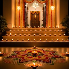 A beautifully decorated home entrance illuminated with glowing oil lamps and a vibrant rangoli design for the Hindu festival of Diwali